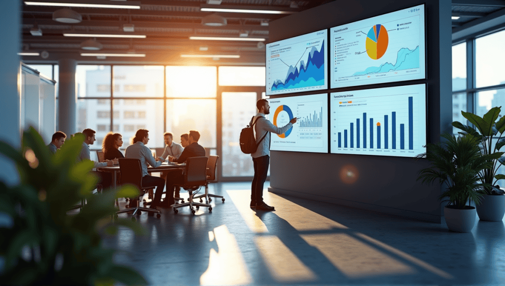 Open office space with professionals discussing productivity metrics, charts, and graphs displayed on screens.