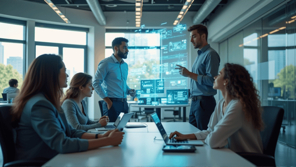 Diverse professionals collaborating in a modern office with innovative technology and holographic displays.