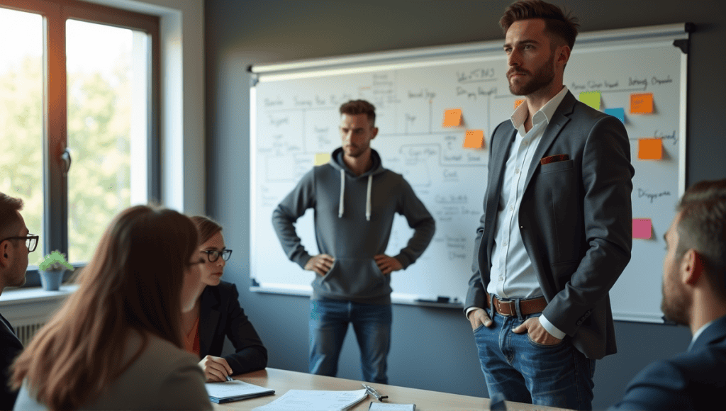 Scrum Master and Project Manager discussing around a whiteboard in a modern office.