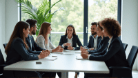 Diverse professionals engaged in collaboration around a modern conference table, discussing ideas actively.