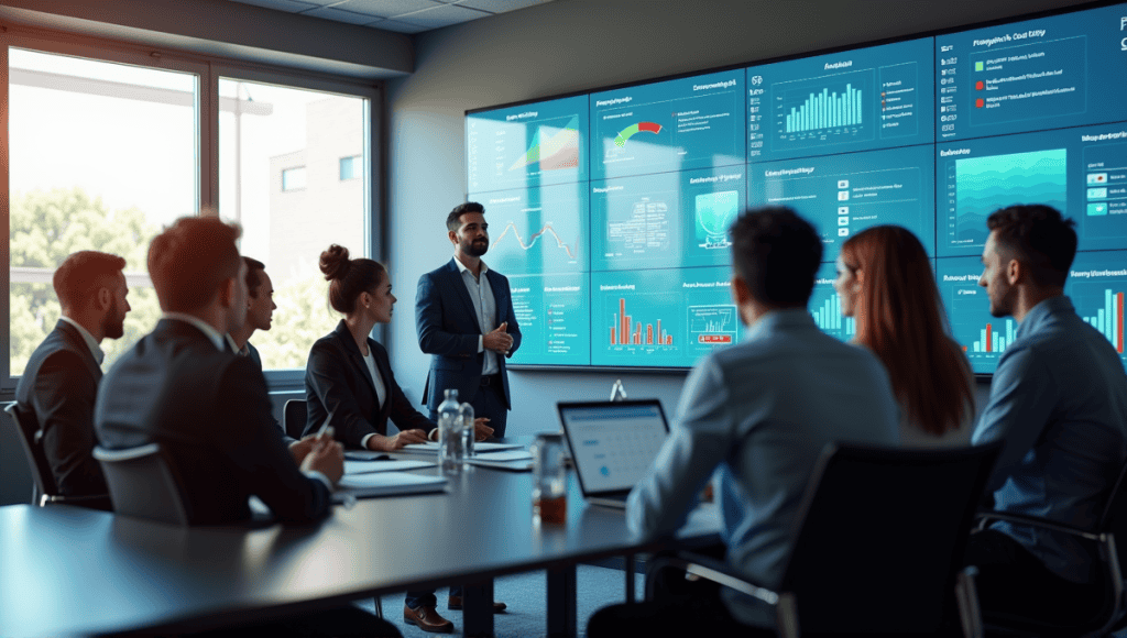 Diverse professionals collaborating in a modern office with digital boards on Lean Portfolio Management.