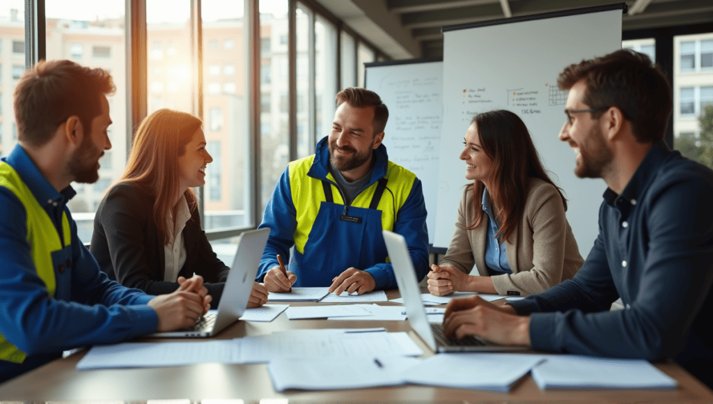 Collaborative team engaged in a Sprint Review meeting in a modern office space.