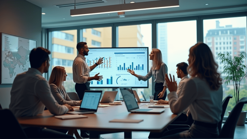 Diverse professionals brainstorming in a modern office, surrounded by charts and digital displays.