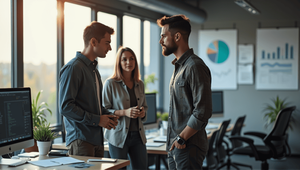 Data engineer in modern office discussing with team member, surrounded by computers and charts.