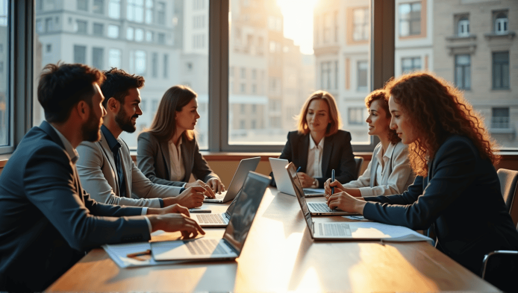 Diverse professionals collaborating in an Agile meeting around a table with laptops.