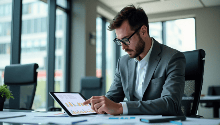 Business professional in gray suit analyzing data trends on a digital tablet at desk.