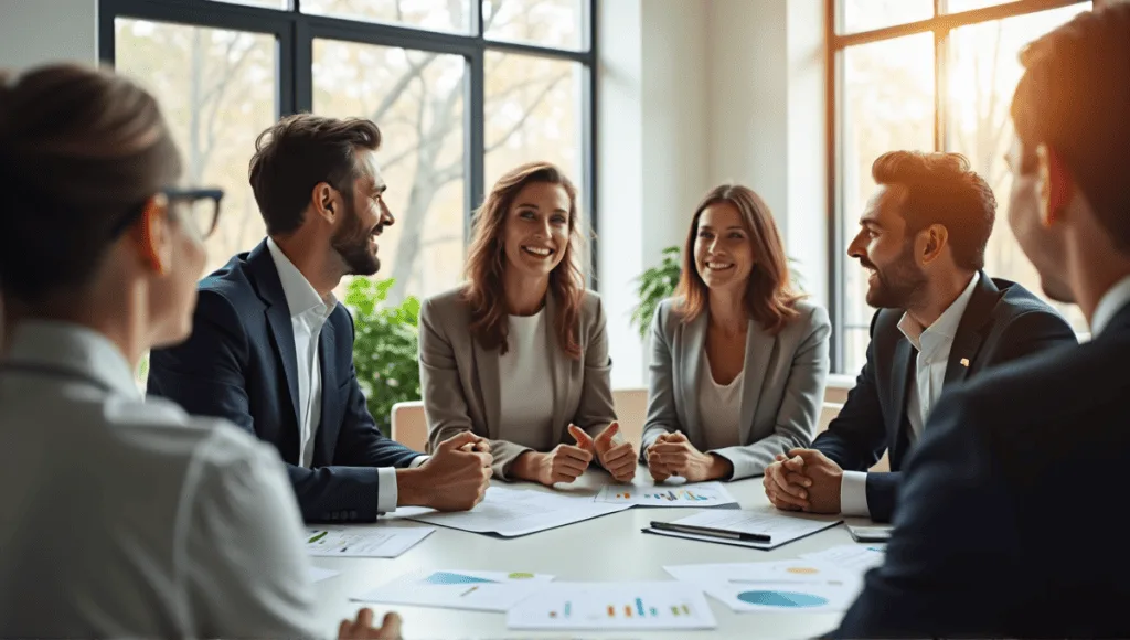 Diverse leaders engaged in a coaching session, empowering their team in a modern office.