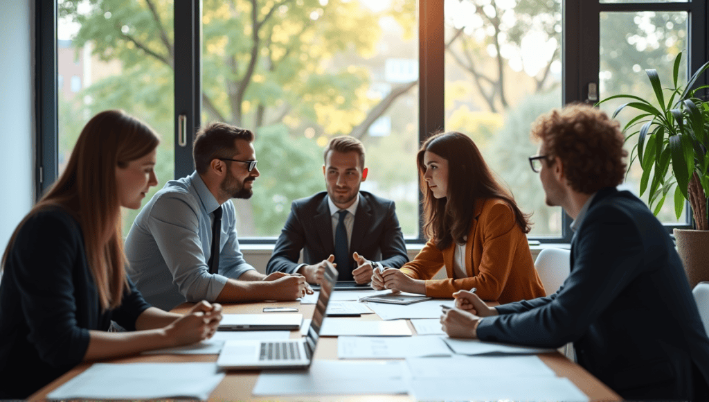 Group of professionals collaborating in a modern office meeting around a large table.