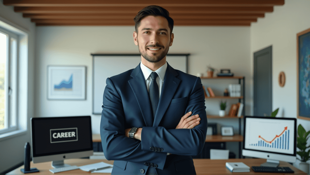 Confident professional in navy suit stands in modern office, surrounded by career advancement elements.