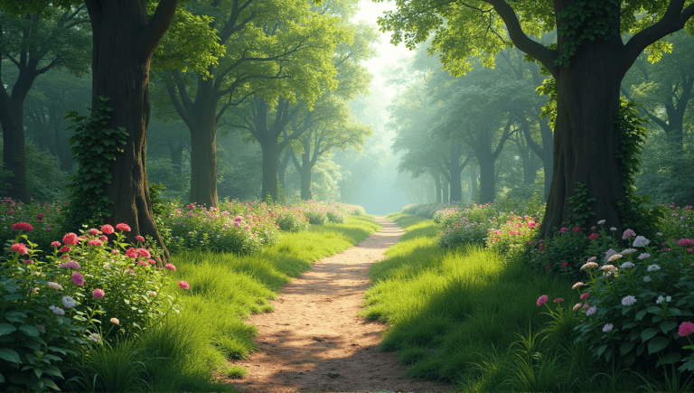 Two forest paths illustrating divergence with vibrant flowers and convergence with tall trees.