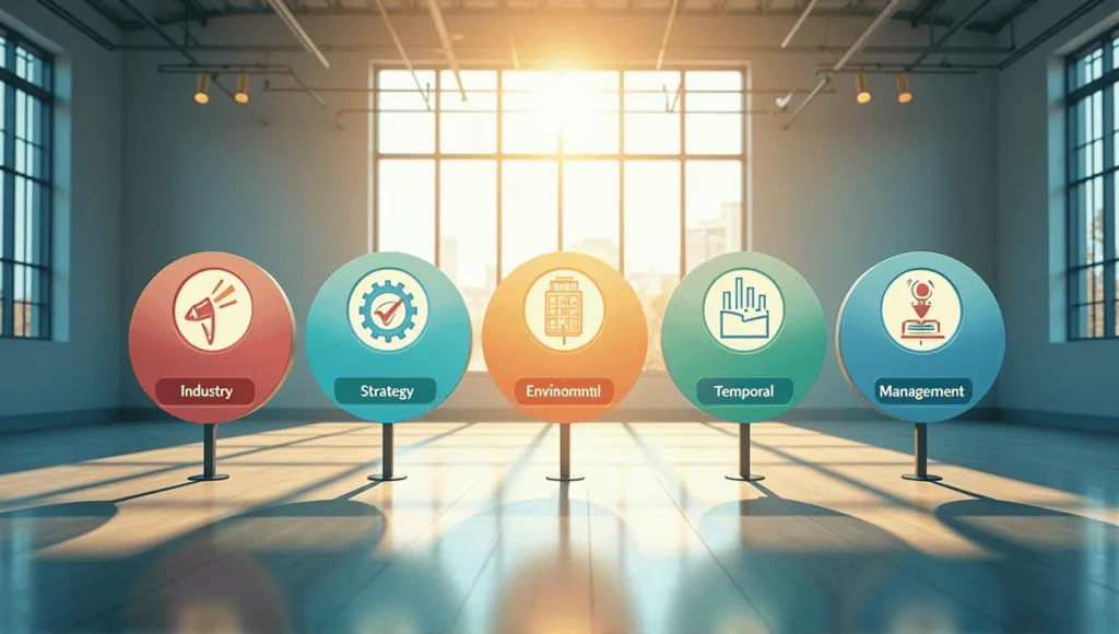 Five symbols representing Critical Success Factors: Industry, Strategy, Environmental, Temporal, Management Position.