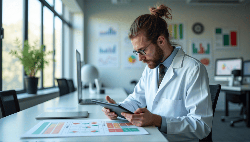 Scientist in lab coat analyzing data on a tablet in a modern office.