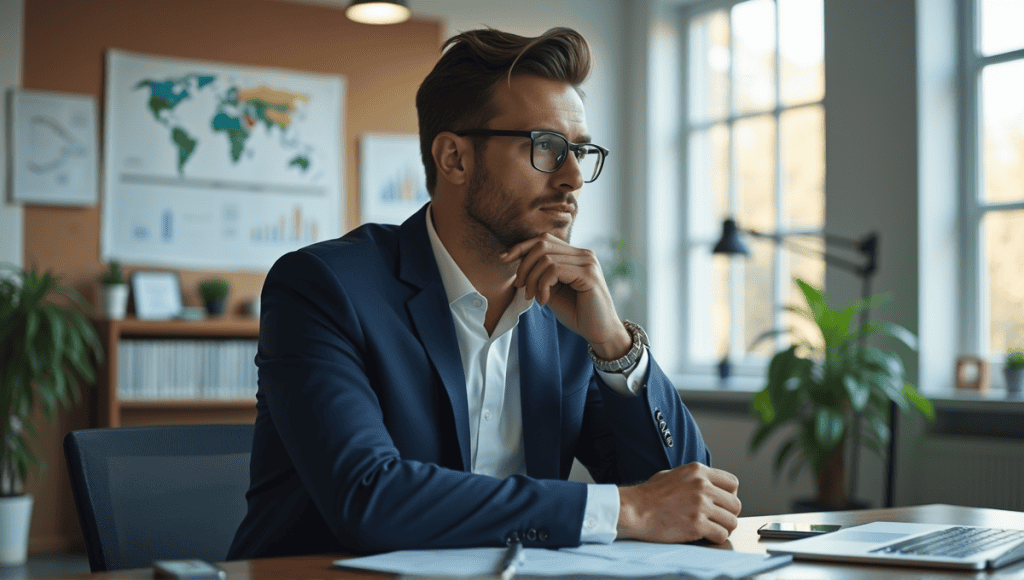 Contemplative business professional in navy suit at modern desk, surrounded by books and charts.