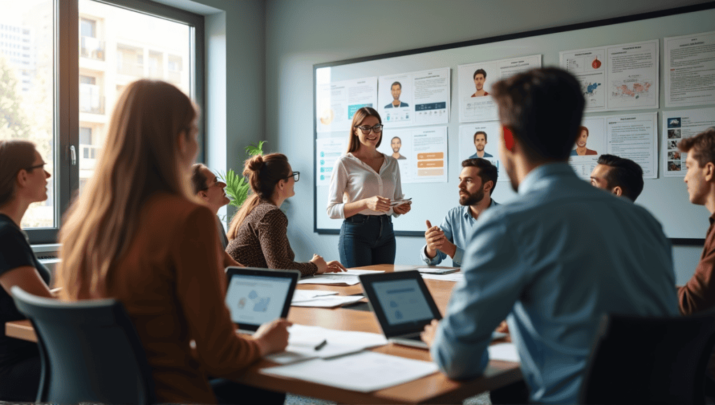 Diverse professionals in a brainstorming session surrounded by charts and user personas.