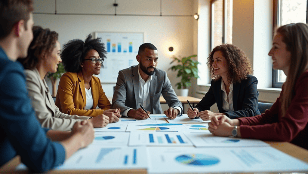 Diverse project managers collaborating at a table with charts and documents in a modern office.