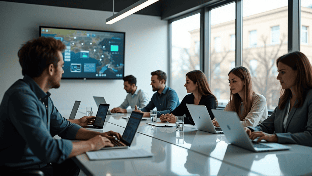 professionals in modern office collaborating during a kick-off meeting at conference table.