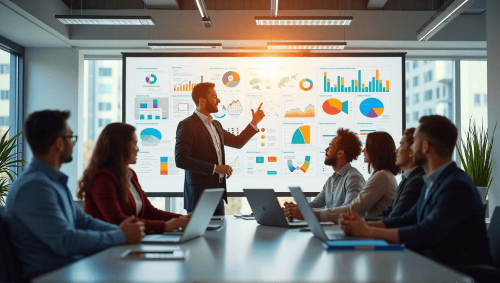 Group of professionals brainstorming in a modern office with charts and diagrams on whiteboards.