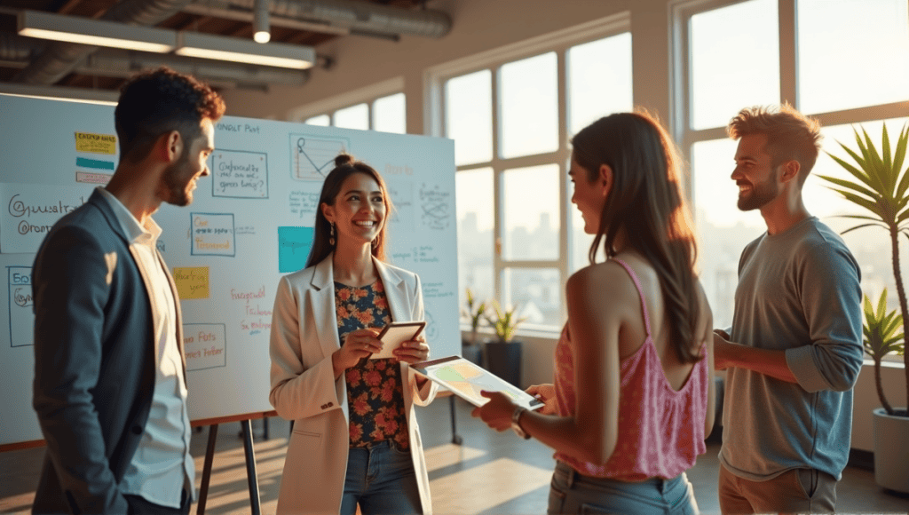 Team of idea-oriented workers collaborating in a modern office with colorful whiteboard sketches.