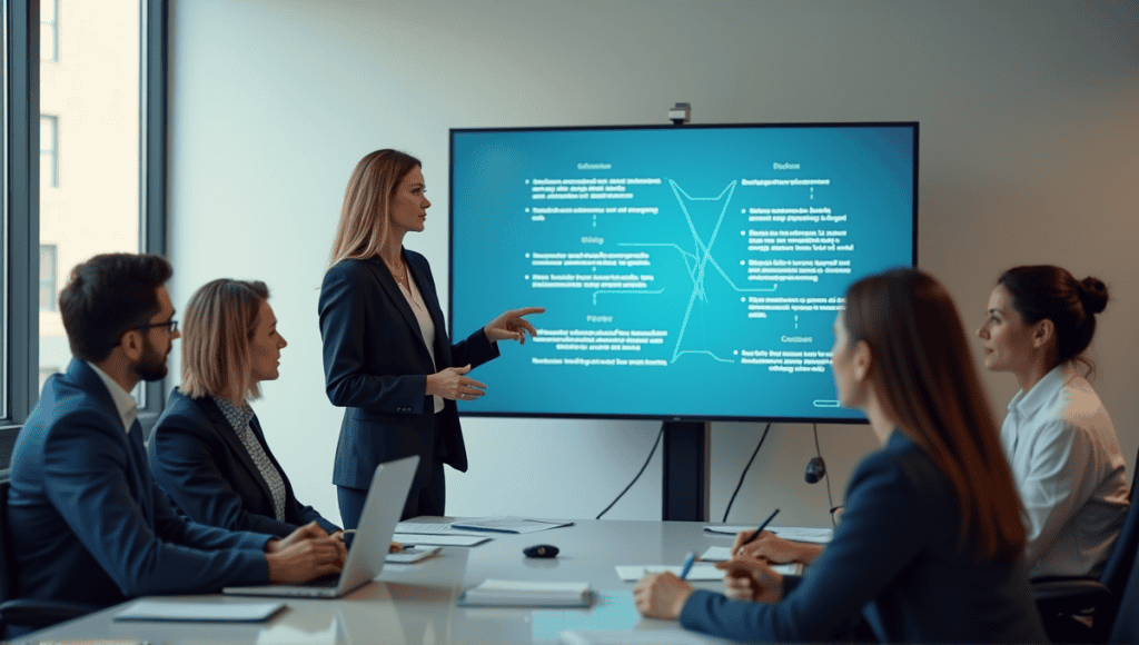 Business professionals engaged in discussion, with a woman presenting on a digital screen.