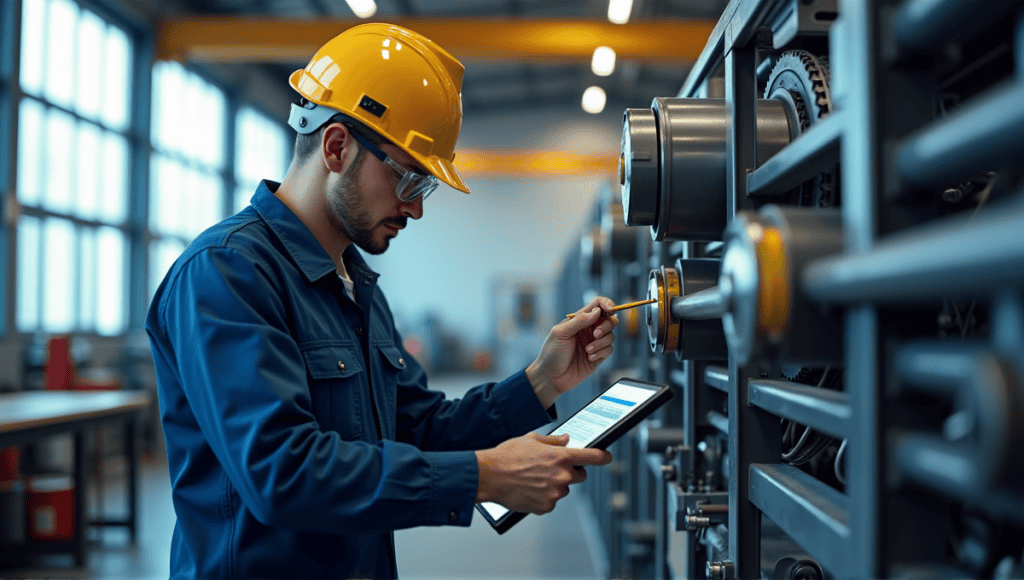 Maintenance technician in blue jumpsuit inspecting machinery in a high-tech workshop.