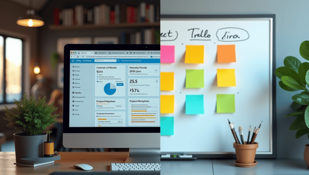 Split-screen comparison of Jira and Trello, highlighting their unique project management features.