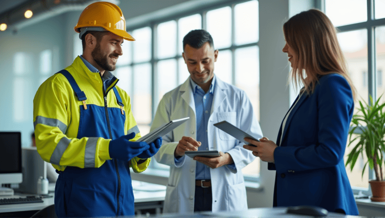 Group of professionals in an office: engineer, doctor, and office worker collaborating.