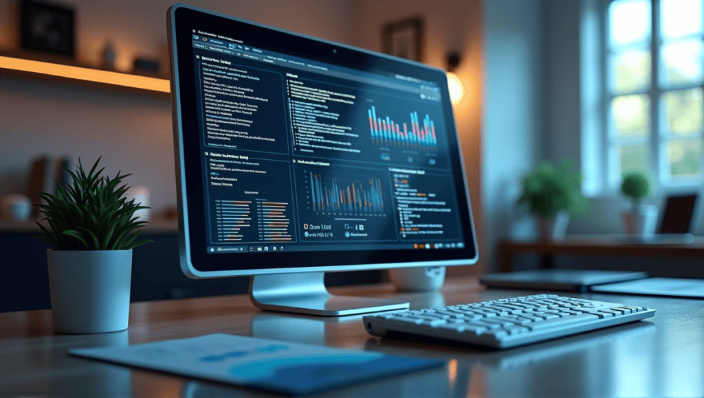 Futuristic computer screen showcasing classification models with graphs and evaluation metrics in a workspace.