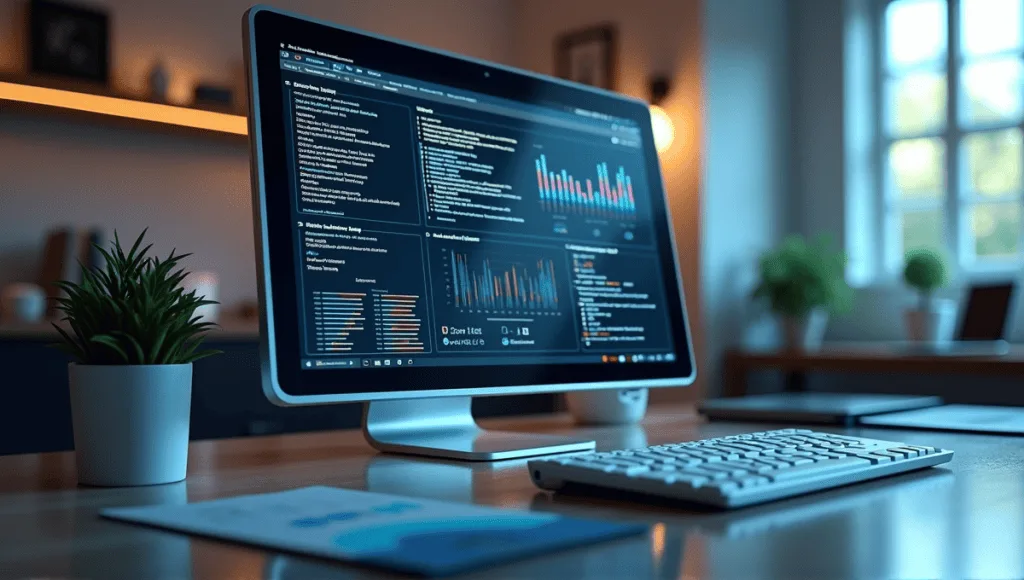 Futuristic computer screen showcasing classification models with graphs and evaluation metrics in a workspace.