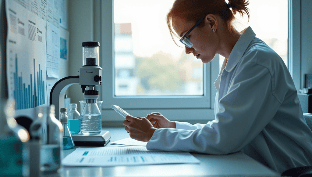 Laboratory scientist in white lab coat conducting precise experiments with measurement instruments and data charts.