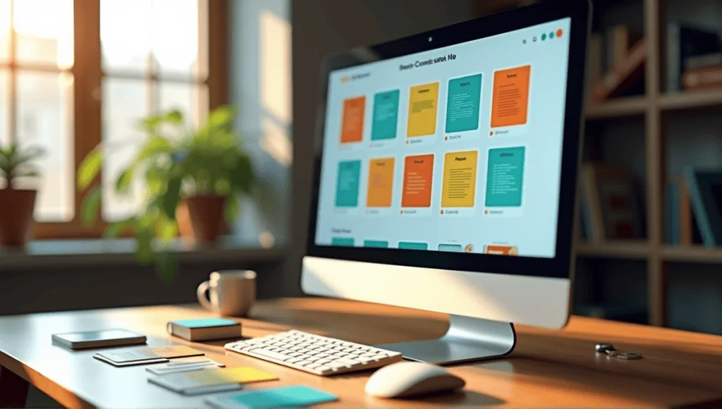 Sleek workspace with digital and physical Kanban boards on a wooden table.