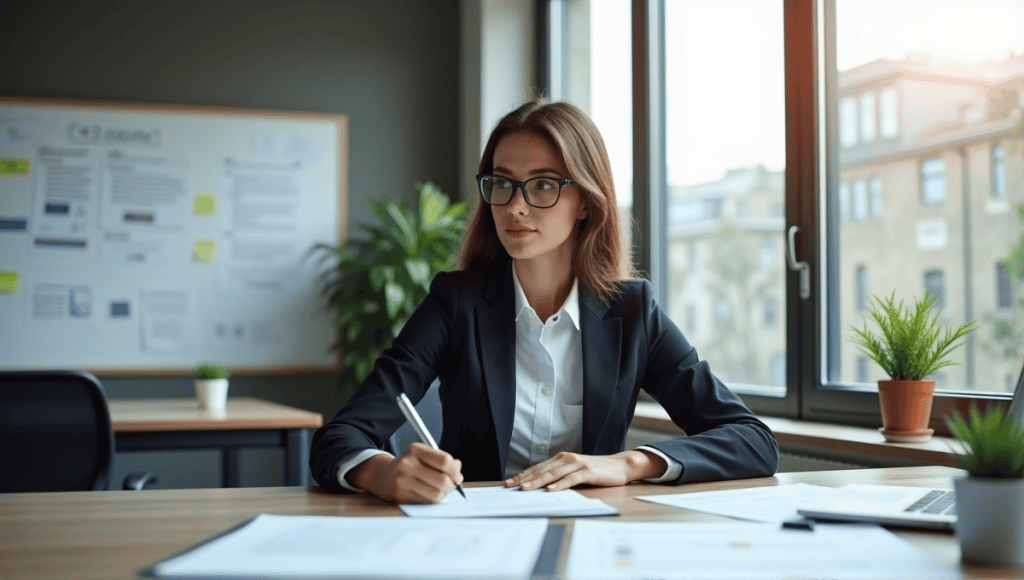 Project manager in a business suit reviewing documents and making notes in office.