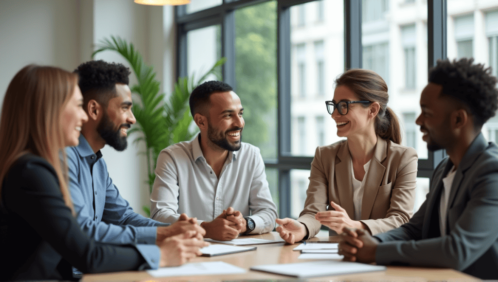 Professionals engaged in discussion around a modern conference table in a bright office.