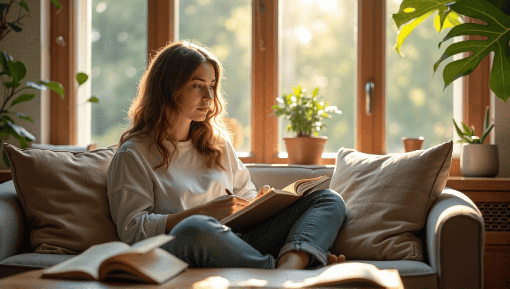 Serene individual journaling in a sunlit room, surrounded by books and visualization tools.