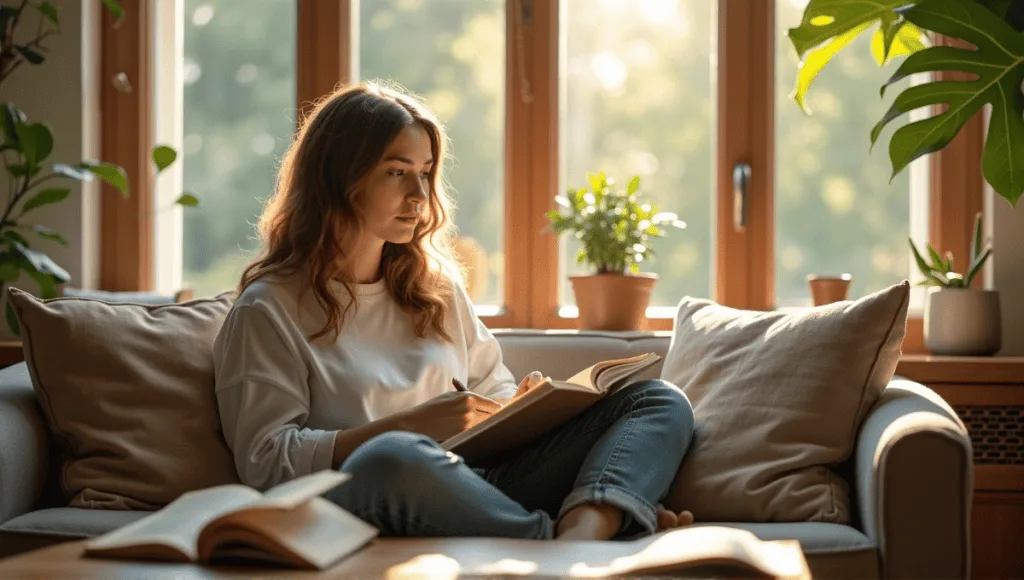 Serene individual journaling in a sunlit room, surrounded by books and visualization tools.