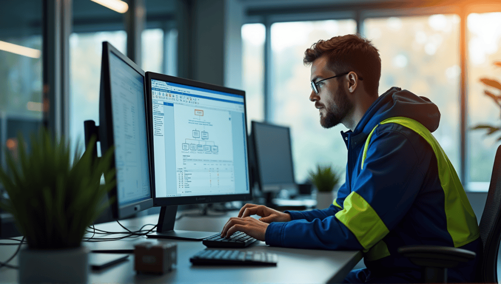 Engineer in blue overalls and high-visibility jacket working on fault tree analysis software.