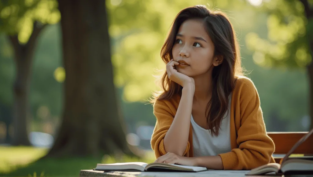 Thoughtful individual in a serene park, reflecting with a journal and notes beside them.