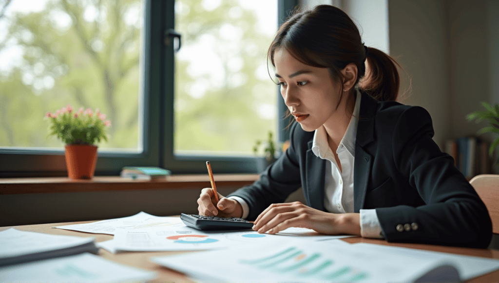 Young woman calculating frequencies and constructing a histogram at a wooden desk.