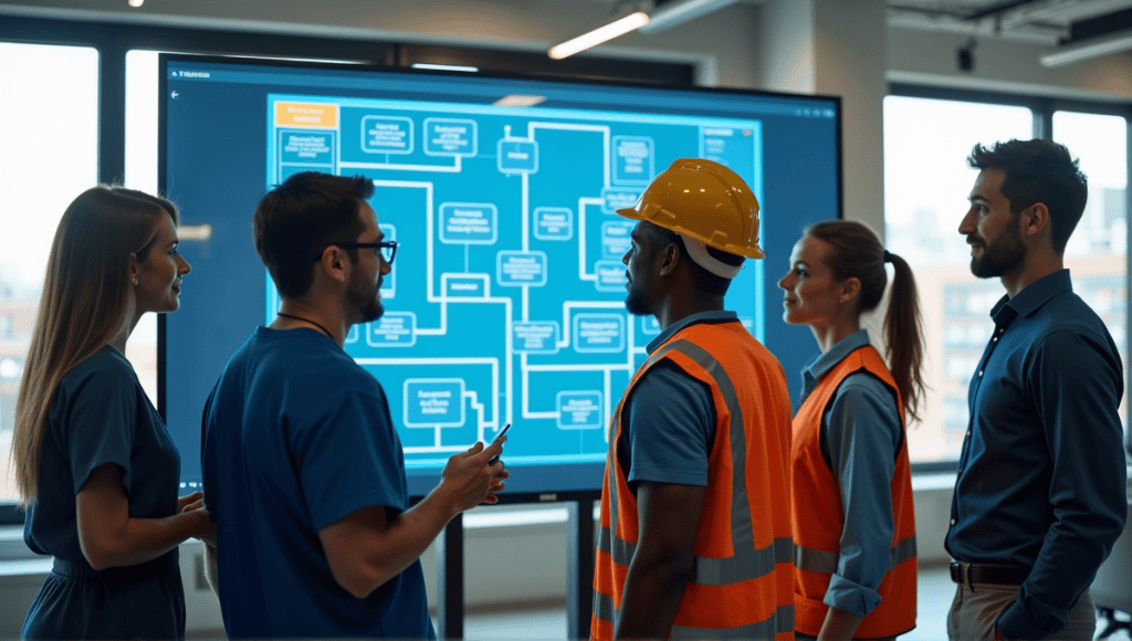 Diverse professionals discussing an intricate workflow chart in a modern office setting.