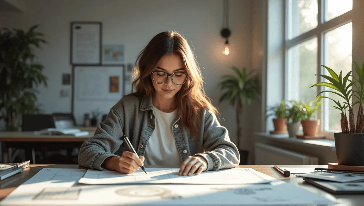 Designer reviewing a design brief at a modern workspace, surrounded by sketches and materials.