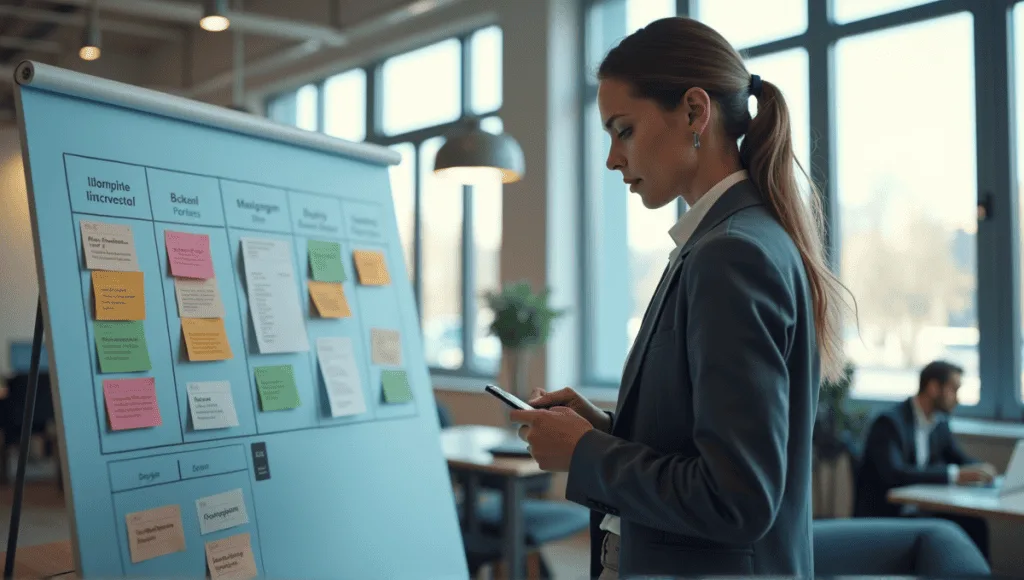 Office worker analyzing a large Kanban board filled with colorful task cards.