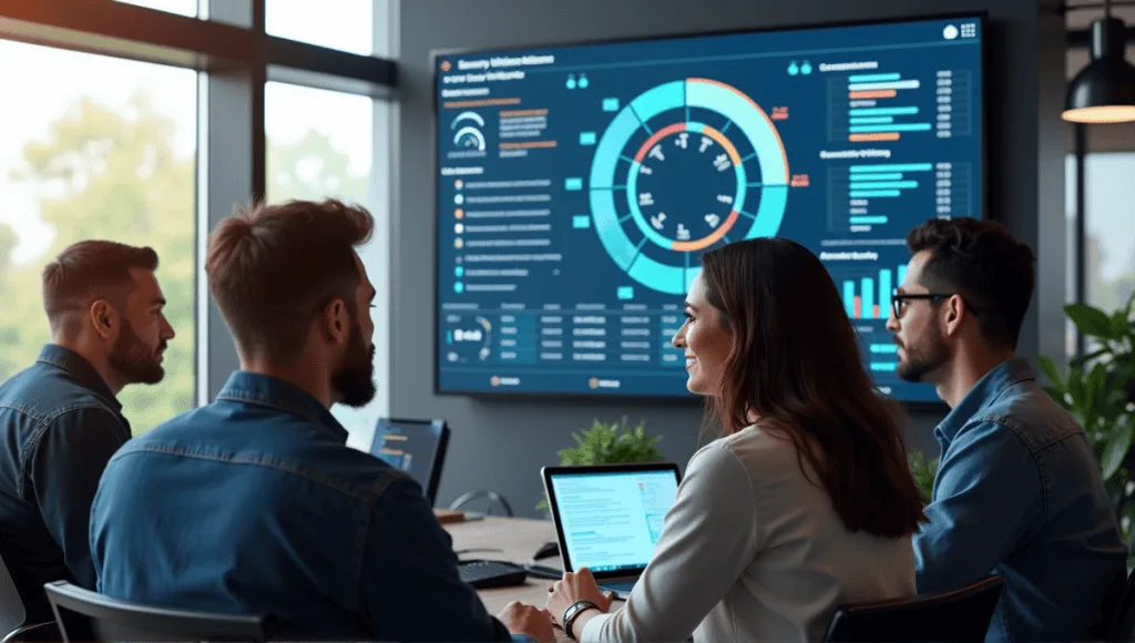 Professionals collaborating in a tech office, discussing security analytics and DevOps integration.