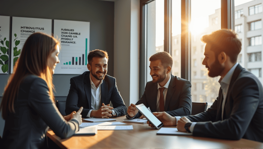 Group of professionals in business attire collaborating on change strategies in an office.