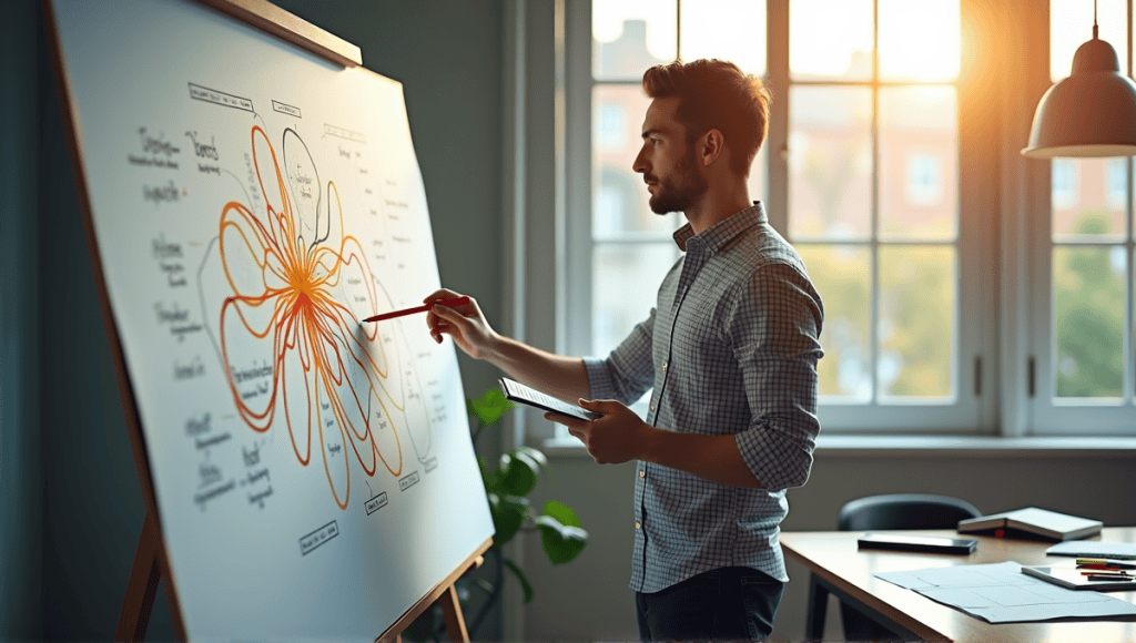 Person analyzing a spaghetti diagram on a whiteboard, taking notes in a notepad.