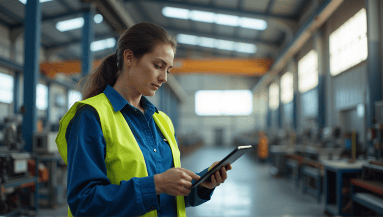 Thoughtful engineer in blue overalls analyzing production data on a digital tablet.