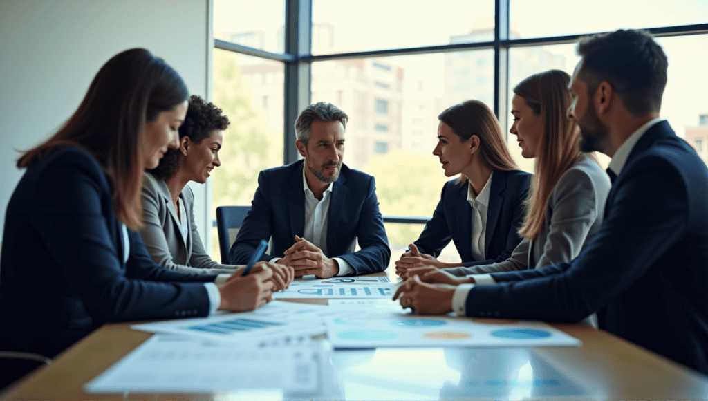 Group of professionals collaborating over charts and graphs in a modern conference room.