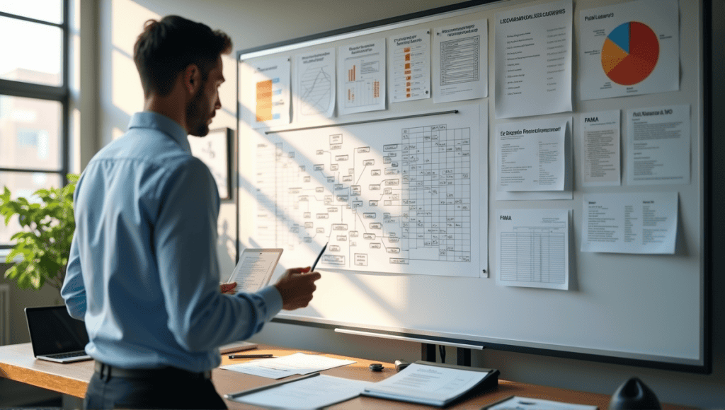 Person in business casual analyzing Fishbone diagram on whiteboard in professional workspace.