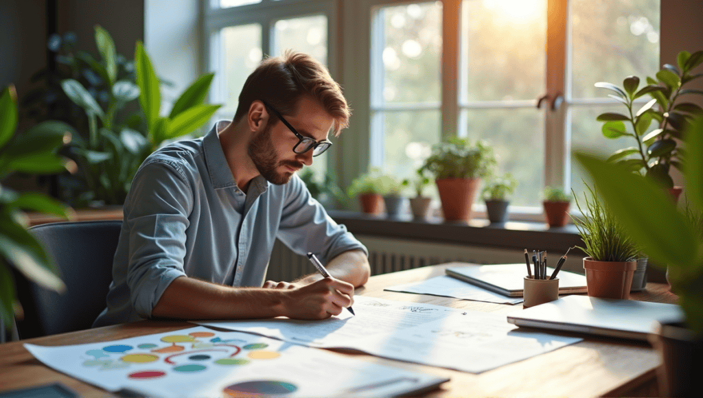 Designer at modern desk writing a design brief, surrounded by sketches and color swatches.