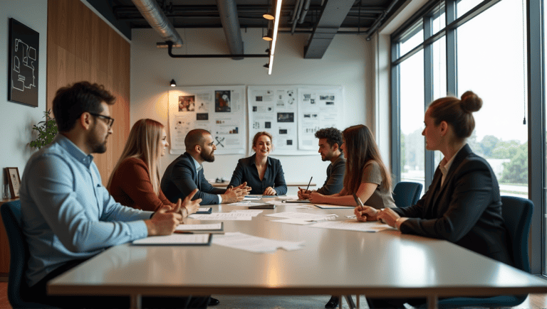 Diverse team brainstorming around a sleek conference table in a modern office setting.