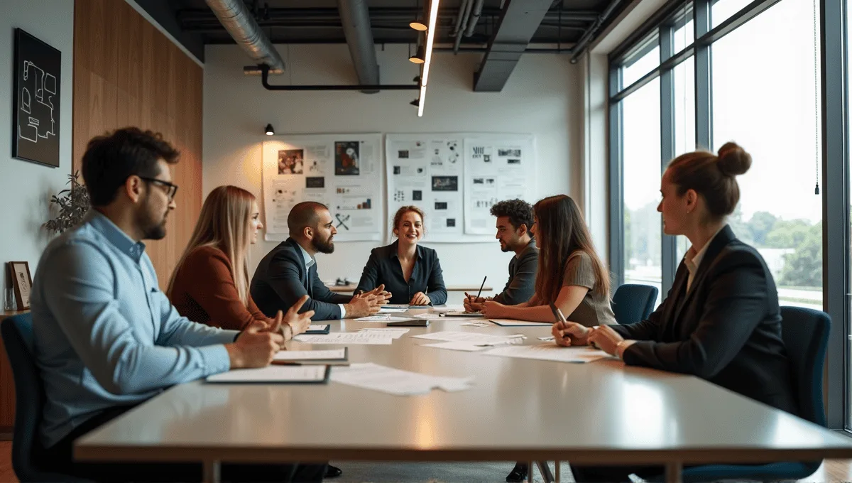 Diverse team brainstorming around a sleek conference table in a modern office setting.