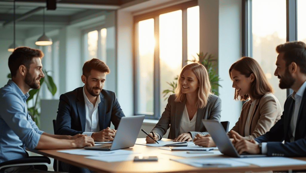 Group of professionals representing various working styles gathered around a conference table.